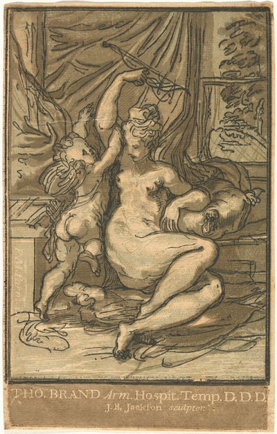 Venus and Cupid with a Bow by John Baptist Jackson, after Parmigianino