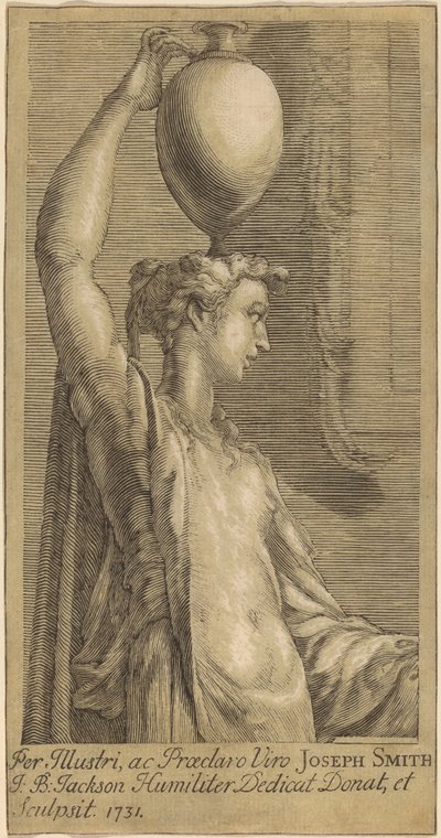 Woman Standing Holding a Jar on the Head by John Baptist Jackson, after Parmigianino