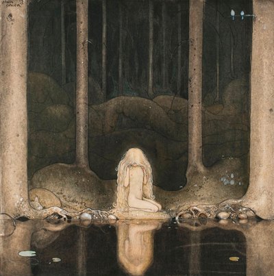 Princess Tuvstarr looking at the water of the lake with nostalgia by John Bauer