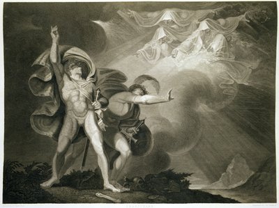 Macbeth, Banquo and the Three Witches on the Heath in Act I, Scene III of Macbeth by William Shakespeare, published 1805 by John Boydell