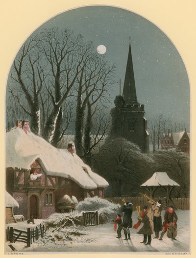 Victorian Christmas Scene with Band Playing in the Snow by John Brandard