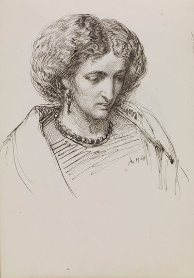 Head and Shoulders Portrait Sketch of Woman with Eyes Downcast by John Brett