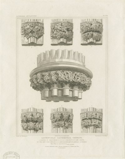 Interior of Lichfield Cathedral - Cluster Pillar in Chapter House and Brackets in Lady Chapel: Engraving by John Britton