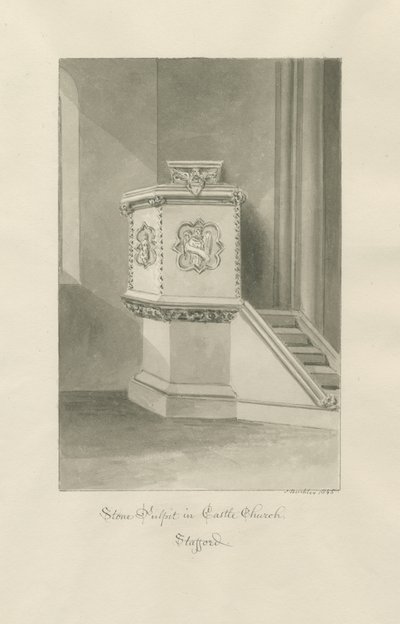 Castle Church - Stone Pulpit in Church: Sepia Drawing by John Buckler