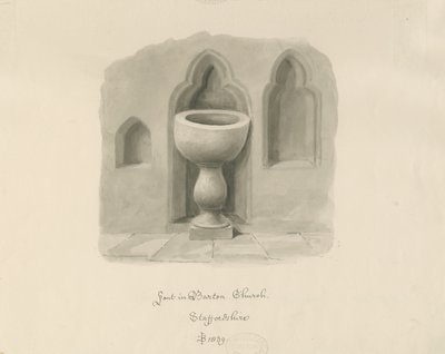 Font in Barton under Needwood Church by John Buckler
