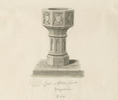 Font in Blore Church by John Buckler
