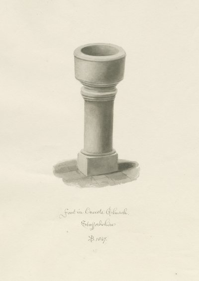 Font in Onecote Church: sepia drawing by John Buckler
