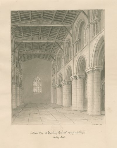 Interior of Tutbury Priory Church: sepia wash drawing by John Buckler