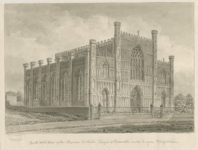 Newcastle-under-Lyme - Roman Catholic Chapel: sepia wash drawing, 1840 by John Buckler
