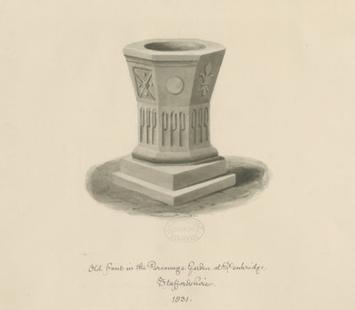Penkridge - Font in Parsonage Garden: sepia drawing by John Buckler