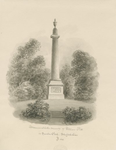 Sandon - Monument to William Pitt: sepia wash drawing by John Buckler