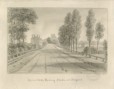 Stafford - Approach to Railway Station: sepia drawing by John Buckler