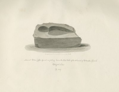 Standon Church: Ancient Stone Coffin: sepia drawing by John Buckler