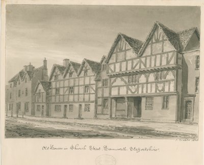 Tamworth - Old Houses in Church Street: sepia wash drawing, 1838 by John Buckler