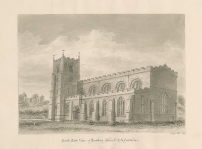 Tutbury Priory Church (sepia wash drawing, 1812) by John Buckler