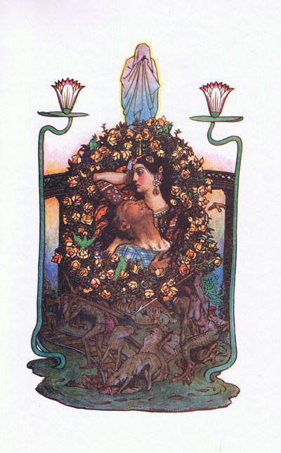 The garden by the bridge, illustration from The Garden of Kama (and other lyrics from India) by John Byam Liston Shaw