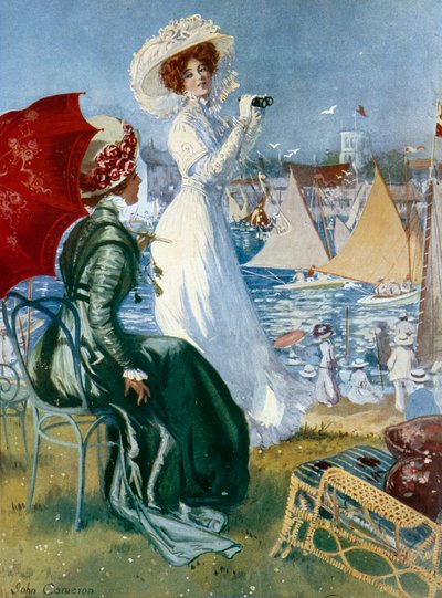 Young women following regattas with binoculars (Lithograph by John Cameron) by John Cameron