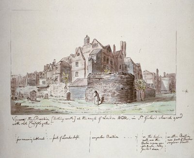 Bastion at the angle of London Wall, St Giles without Cripplegate churchyard, City of London by John Carter