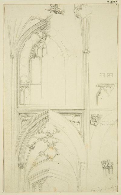 Details of Clerestory Window Tracery and Vaulting of the Aisle Below, in St Mary Redcliffe by John Carter