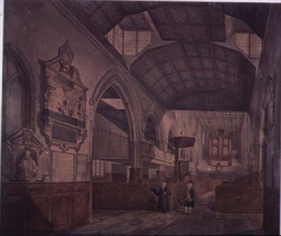 Interior View of the Church of St. Giles, Cripplegate, looking west, showing the Monument of Constance Whitney by John Carter