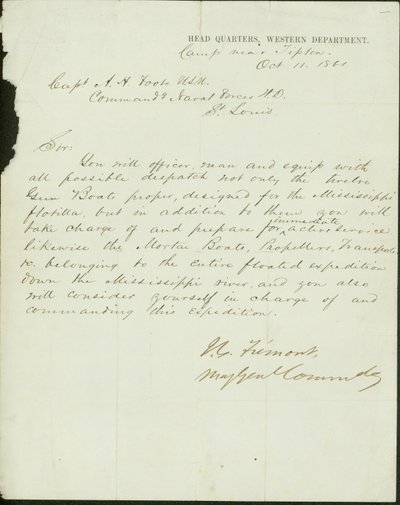 Letter signed J.C. Fremont, Major General Commanding, Head Quarters, Western Department, camp near Tipton, to Captain A.H. Foote, U.S.N. Commanding Naval Forces H.D., St. Louis, October 11, 1861 by John Charles Frémont