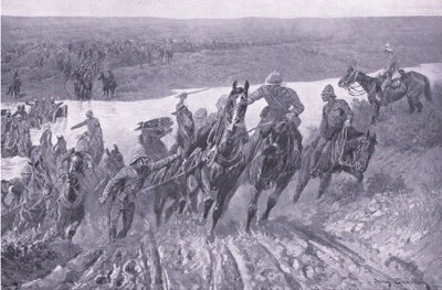 Artillery fording the Caledon at Karreepoort Drift (illustration from After Pretoria: The Guerilla War) by John Charlton