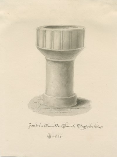 Font in Enville Church: sepia drawing, 1820 by John Chessell Buckler