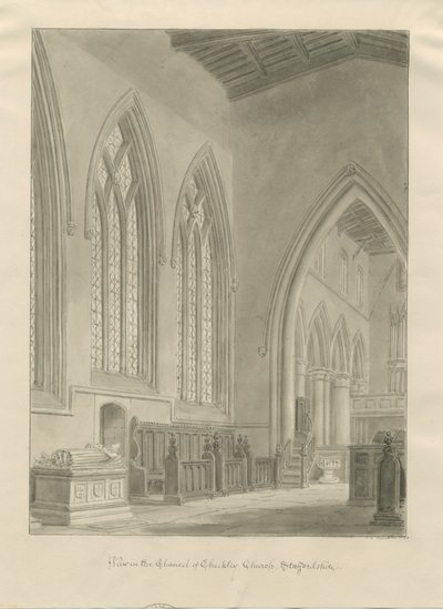 Interior of Checkley Church (sepia drawing), 1841 by John Chessell Buckler