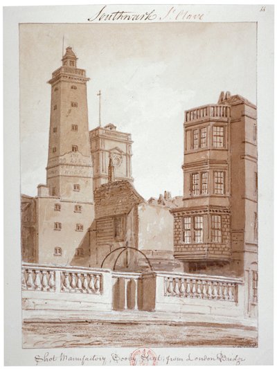 Shot Manufactory, Tooley Street, from London Bridge, Bermondsey, London by John Chessell Buckler