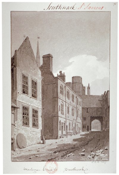 View looking towards the gateway of Montague House, Southwark, London, 1827 by John Chessell Buckler
