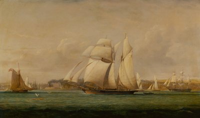 A Top Sail Schooner, Two Royal Yacht Squadron Cutters and an American Merchant Ship by John Christian Schetky