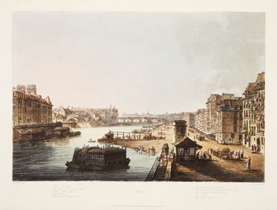 Island of St Louis, The towers of the Church of Notre Dame, The Bridge of Notre Dame, The Louvre, The Corn Quay, illustration from Versailles, Paris and Saint Denis by John Claude Nattes