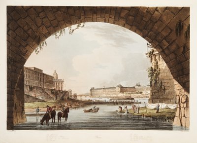 The Louvre; The Mint; The College of the 4 Nations; The Bridge of Reunion, illustration from Versailles, Paris and Saint Denis by John Claude Nattes