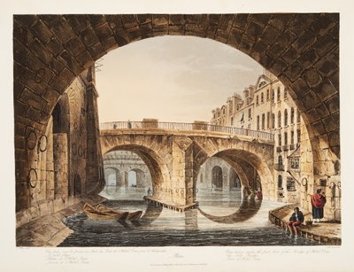 View taken from under the first Arch of the Bridge of the Hotel Dieu, the Little Bridge, Part of Hotel Dieu, illustration from Versailles, Paris and Saint Denis by John Claude Nattes