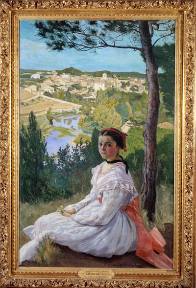 Village view. Young girl posing in a landscape of Provence by John Clayton Adams