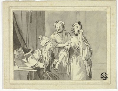 Literary Illustration: Old Man Detaining Young Woman, Who is Accompanied by Older Woman by John Collet