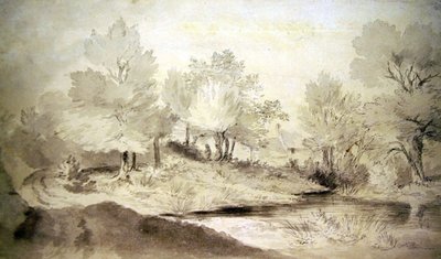 A Suffolk Pond, with Cottages in the Distance by John Constable