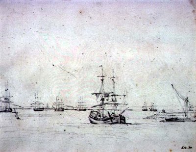 A Brig at Anchor and Other Shipping in the Thames by John Constable