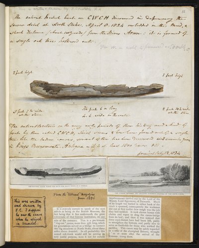 Antiquities: Drawing of ancient British canoe discovered (1824) at North Stoke by John Constable
