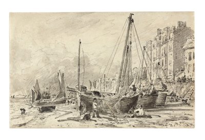 Beached fishing boats with fishermen mending nets on the beach at Brighton, looking West, c.1824-28 by John Constable