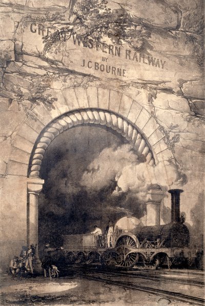 Acheron 2-2-2 locomotive emerging from a tunnel near Bristol, frontispiece to The History and Description of the Great Western Railway, 1846 by John Cooke Bourne