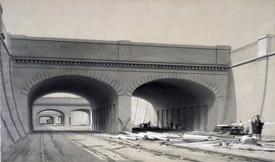 View near Euston Station with three overbridges, September 1837 by John Cooke Bourne