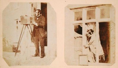 Self portrait on the left and Emma Thomasina Llewelyn printing a paper negative in the sun on the right by John Dillwyn Llewelyn