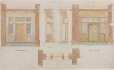 Elevation, Section and Plan of the Main Entrance of Holme Eden by John Dobson