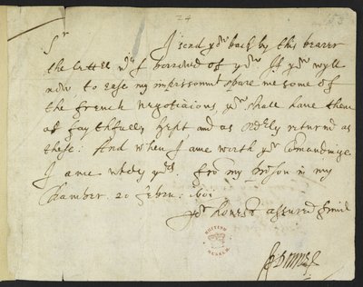 Autograph letter of John Donne to Sir Robert Cotton, written from prison, 20th February 1601 by John Donne