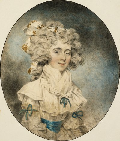 Portrait of Mrs. Fisher, half length, in a White Dress Adorned with Blue Ribbons by John Dowman