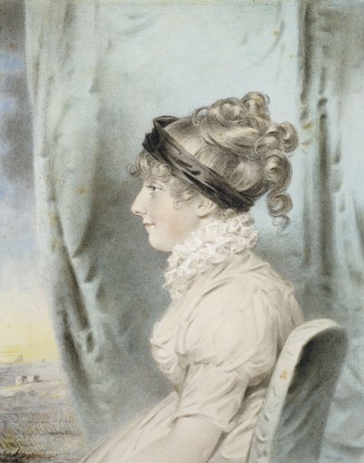 Portrait of a Lady, Identified as Eliza Were Holdsworth, Seated, Half Length, in Profile to the Left, in a White Dress and with a Black Hairband, Beside Drapery, with a Coastal View Beyond by John Dowman