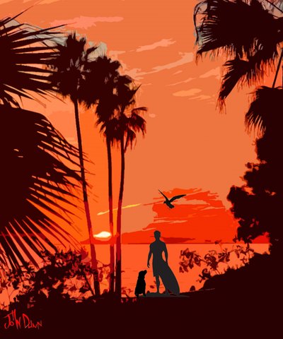 Surfer Dog Tropical Sunset by John Dunn
