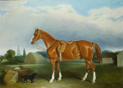 A Chestnut Hunter and a Spaniel by Farm Buildings by John E. Ferneley