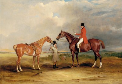 Portrait of John Drummond on a Hunter with a Groom Holding His Second Horse, in a Landscape, a Hunting Party Beyond by John E. Ferneley